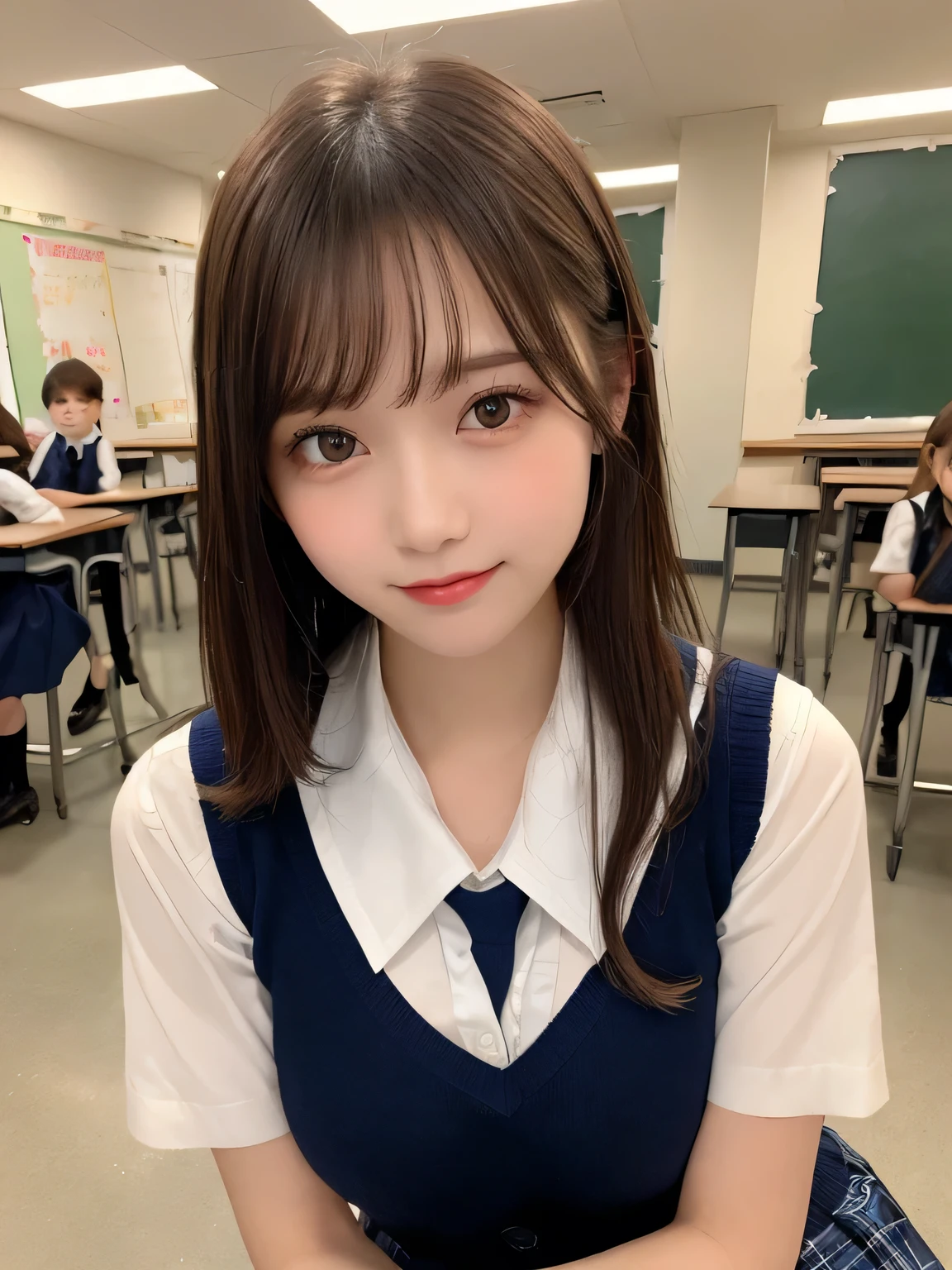 Tabletop、Highest quality、figure、 Super detailedな、High resolution、8k wallpaper、Perfect dynamic composition,、Beautiful attention to detail、Natural color lip、Bold sexy pose、smile、15-year-old girl、cute、sexy shot looking at camera、(Highest quality: 1.3), (masterpiece: 1.3), (Super detailed: 1.3), (wallpaper, One Girl: 1.1), (Detailed hands and fingers:1.2)、(Ultra-oily, lustrous skin with attention to detail:1.1)、Oily shiny knee socks、(The perfect school girl uniform:1.3)、Short sleeve dress shirt、(Navy Blue Sleeveless Sweater Vest:1.2)、(Beautiful big breasts:1.3)、(Red checkered mini skirt:1.2)、Sit with your legs apart、Brown Hair、short hair、ponytail、Beautiful sister、Sitting on the floor
