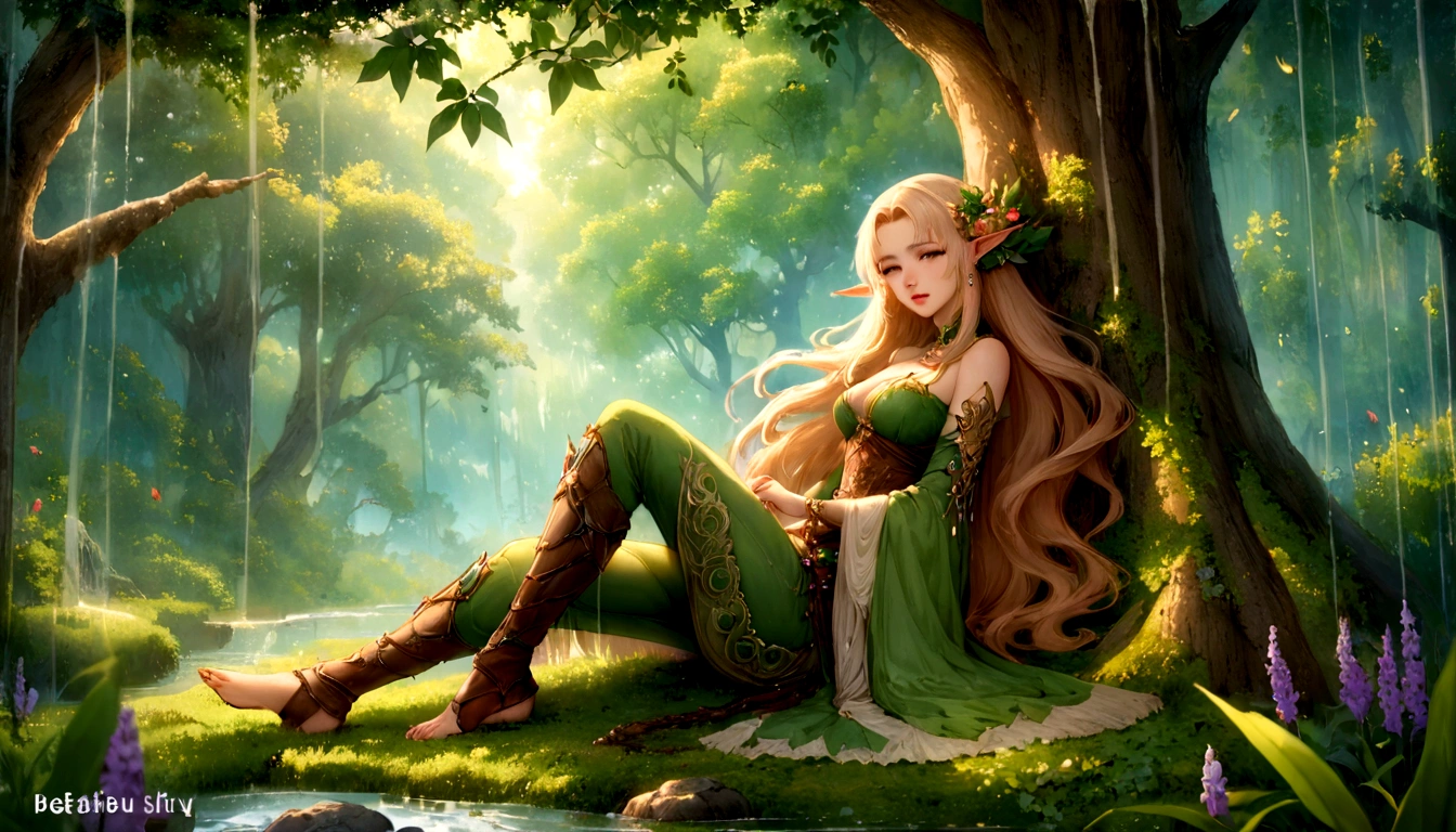 森の木の上に座って寝ているアラフェドElf, 美しい木のElf, Elf princess, Elfの少女, beautiful Elf princess, Beautiful fantasy art, Elfの王女, very Beautiful fantasy art, Fantasy Art, HD fantasy art, epic Fantasy art style hd, 美しく優雅な女性Elf, Elf, Celtic fantasy art, Fantasy art style, Big Tits
