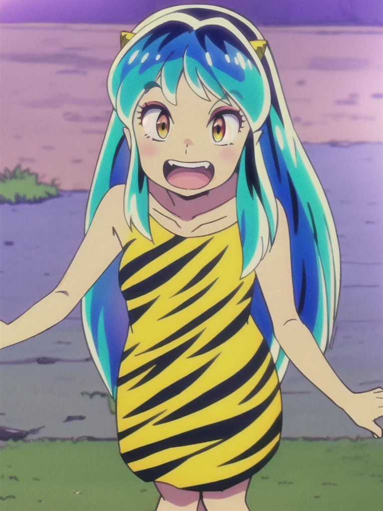 (masterpiece, high quality, 16k anime quality, anime style, retro art style, clean brush strokes, very detailed, perfect anatomy), (front view, from above), little girl, solo, (Ram), (beautiful eye details), yellow eyes, (multi-colored hair, aqua blue hair, long hair, thick unevenly parted bangs), open mouth, smiling, cowboy shot, collarbone, (little girl dress, children's clothing, leopard print), (dancing, fluttering, looking forward), looking at viewer, (park background, on a bench),