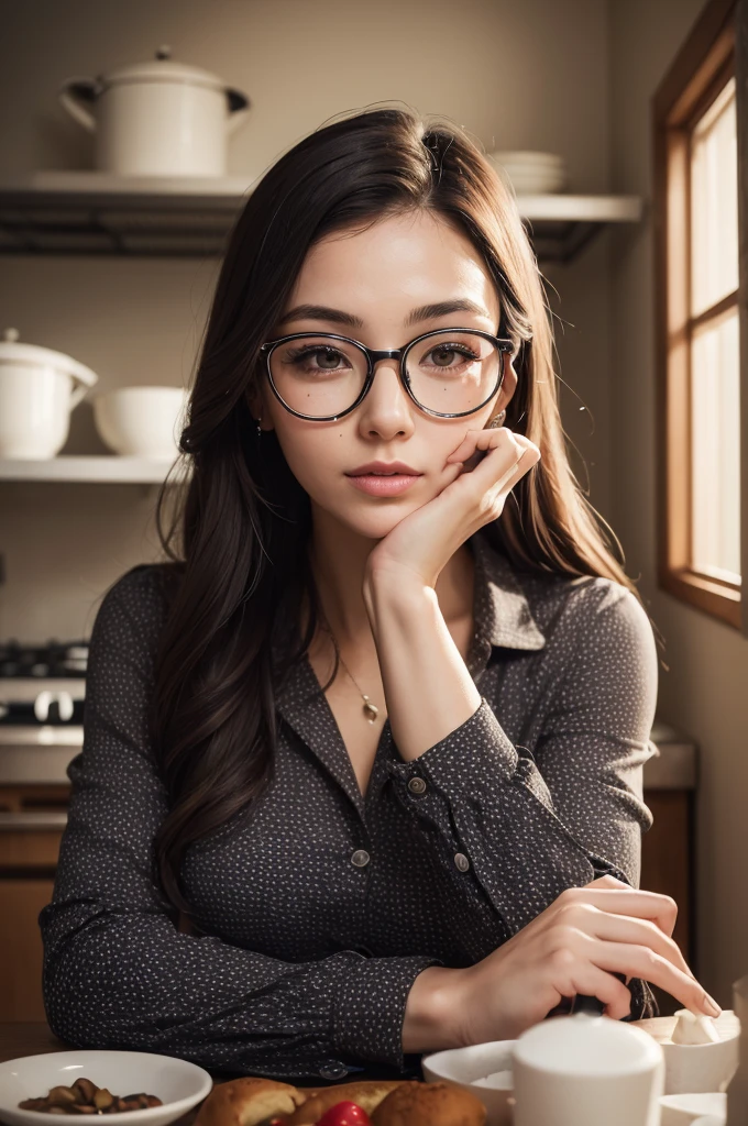 ((best qualityer)), ((work of art)), (detailded), 1 adult woman, wearing glasses with spots on his face, who works in the kitchen