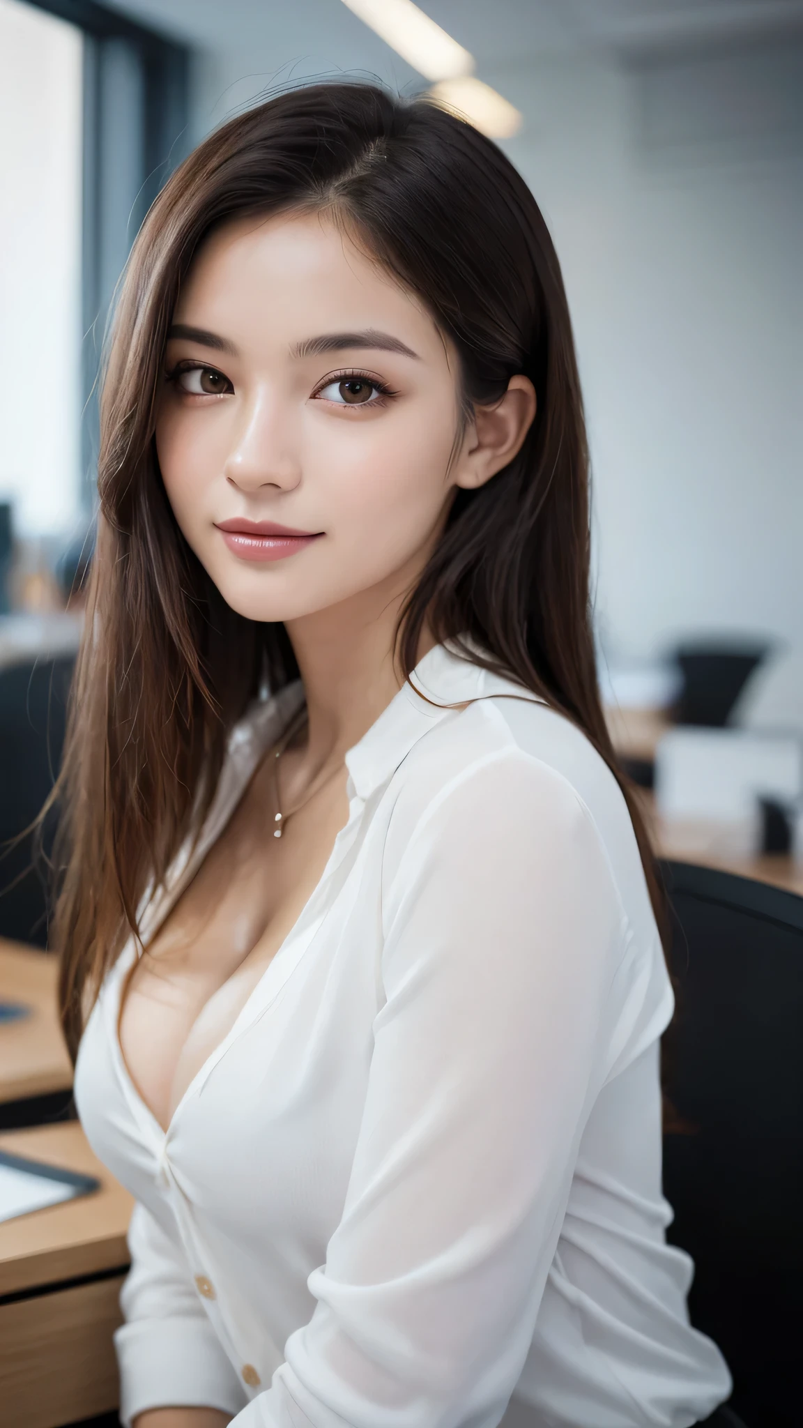 (1girl), (round eyes:1.2), (highly detailed face and eyes), smile, Amazing face and eyes, (shirt:1.3), cleavage, (Best Quality:1.4), (Ultra-detailed), (extremely detailed CG unified 8k wallpaper), Highly detailed, High-definition raw color photos, Professional Photography, Realistic portrait, Amazing face and eyes, indoors, office, (office lady, casual:1.3), (A moment of relaxation), model, depth of fields, (fine face:1.2),