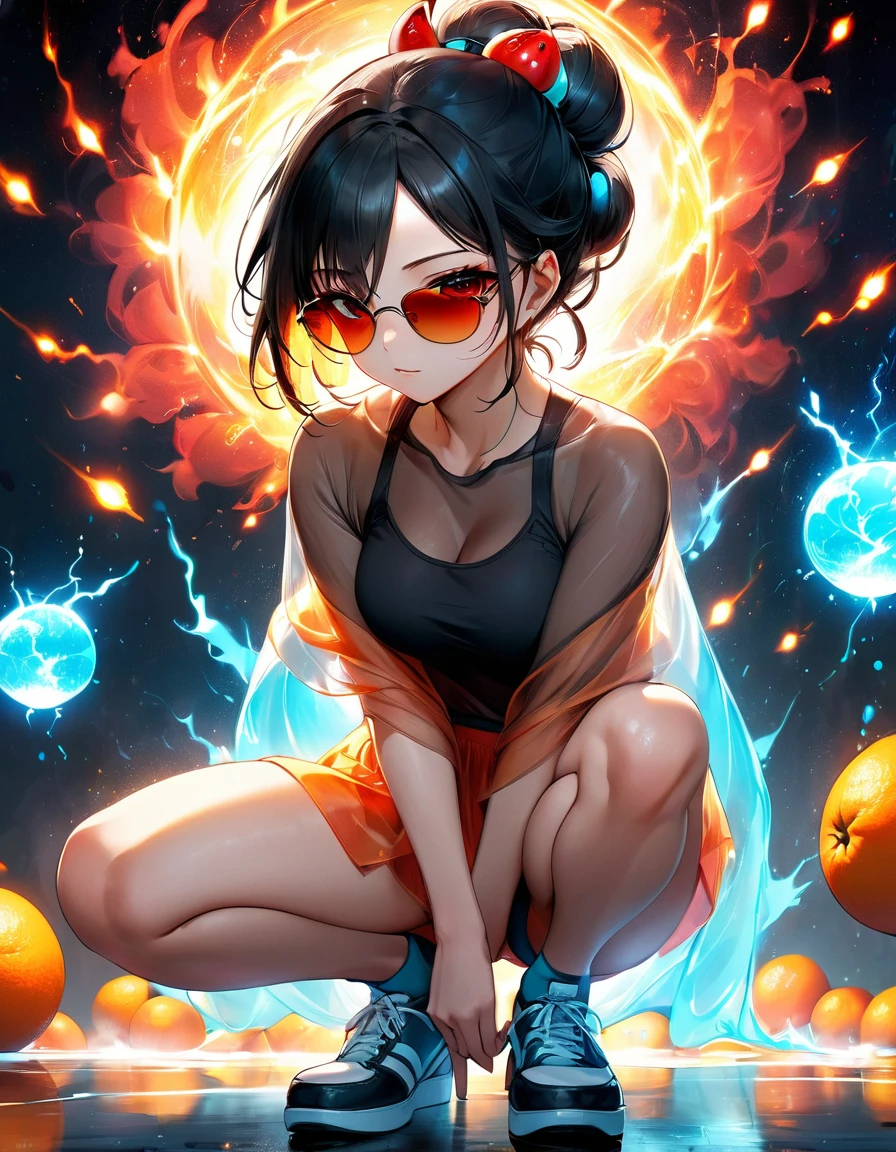 Ethereal being, loose bun, bioluminescent see-through attire, goku sexy + sarada power dark sunglasses, full-body stance, low squatting perspective, emitting moody constellation of hues including brown, red, orange, lime, yellow, cyan, surrounded by tempest of luxurious light, boom of oranges and reds, sparks, digital painting, ultra-realistic, dramatic lighting