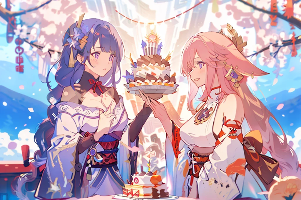 masterpiece, best quality,raiden shogun, multiple girls, 2girls, yae miko, pink hair, urple hair, japanese clothes, long hair,  animal ears,  hair ornament, fox ears, detached sleeves, kimono, ((birthday cake))