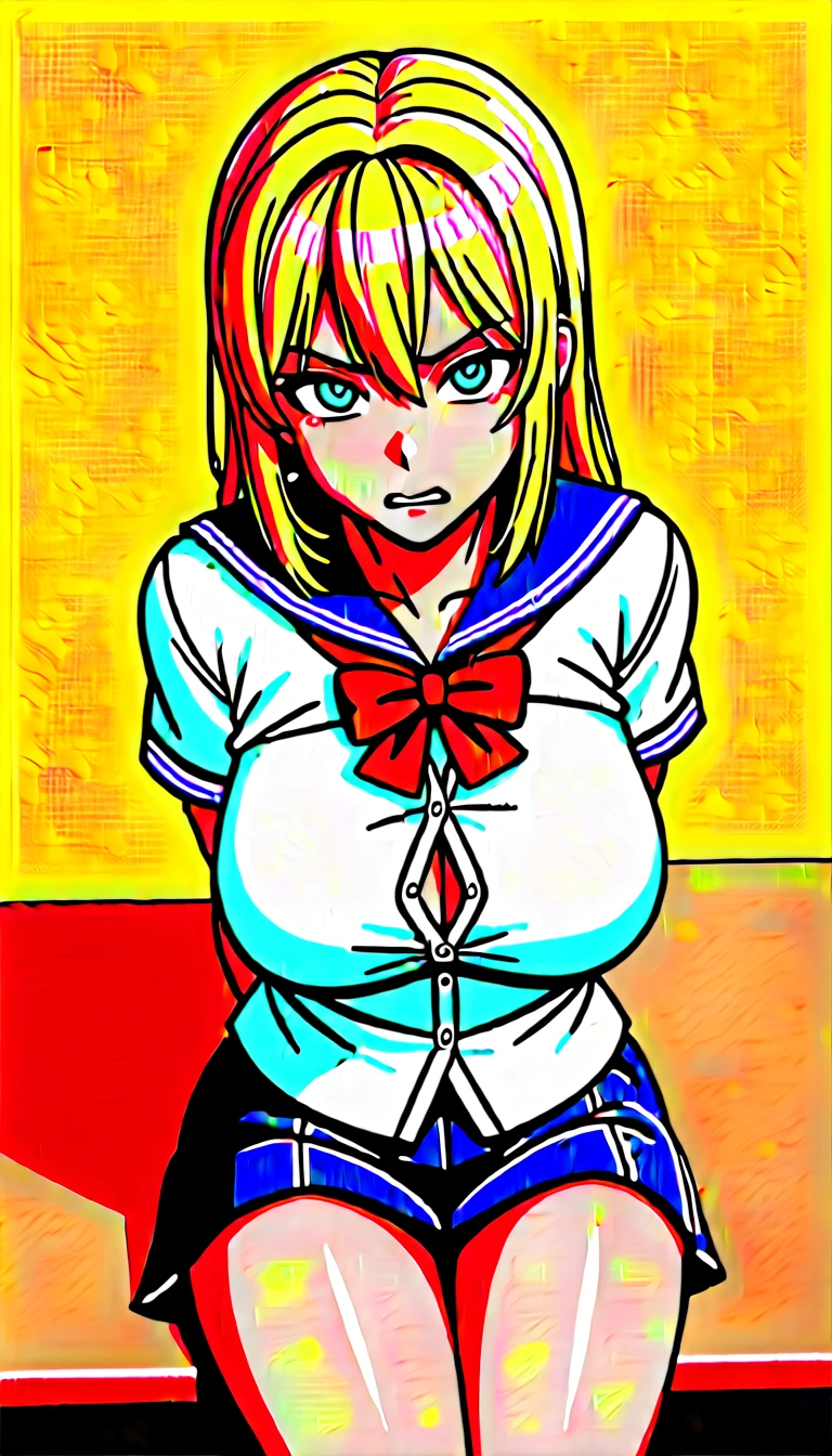 (masterpiece, best quality, ultra-detailed, high resolution, detailed eyes), takeda hiromitsu style, 1girl(), (school uniform, short sleeve shirt), (long blonde hair), solo, tanned skin, tsurime, (furious:0.8), large breasts, slender body, looking at viewer, pov, cowboy shot, arms behind back, sitting, school, ch4irtied