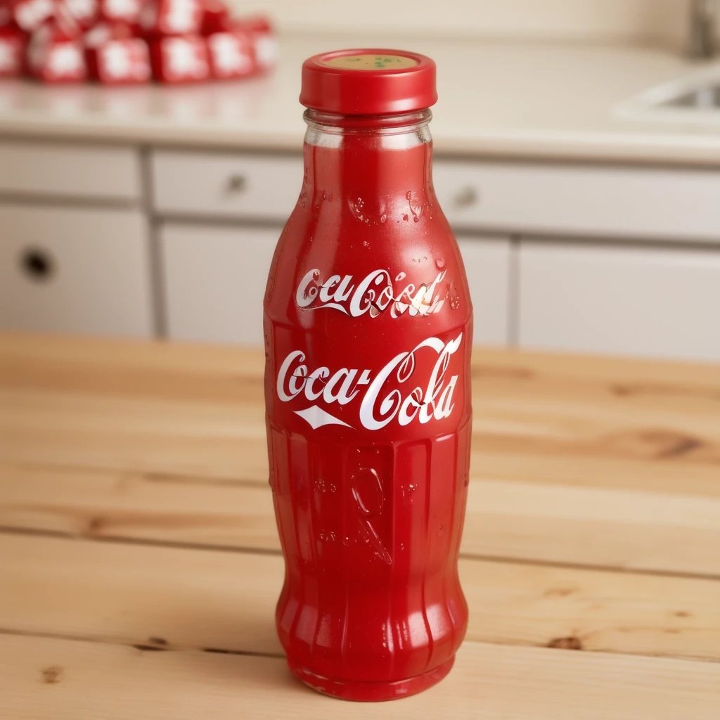 in the kitchen, on a wooden table, a red coca cola jelly bottle, jelly texture, gummy texuture, candy, realistic texture, realistic style, detailed texture, high quality, high resolution, high quality rendering, realistic photo, brightning light, macro photo, ultra hd 4k