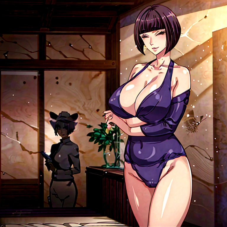 Best Quality, Masterpiece, Itsuki Shima, mature woman, Alone, ultra detailed, ( to complete ), (standing inside the room while looking at the spectators), (cowboy shot:1.2), short hair, Brown hair, bob cut, thick thigh, thick body, Huge , neckline, (a milf), sexy, Masterpiece, high quality, professional artwork, trend on pixiv.