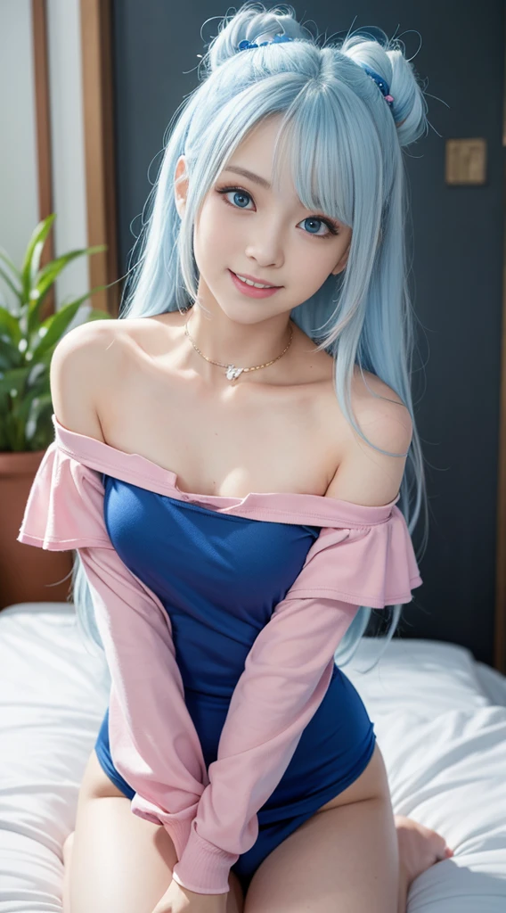 an anime girl, ((a 25yo woman))、A smile、Her eyes are big and curious, She was excited and happy to see me, Beautiful eyes, White and blue hair, Pink eyes, good art, Good drawings, 2D Anime, 2D, Cute, 2 hands and 5 fingers on each hand, Beautiful hands, Good hands are drawn, 4K, 8K, Blue Off Shoulder, don’t wear shirt