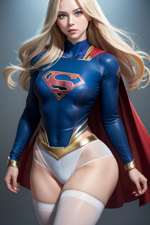 Supergirl with thick thighs white pantyhose muscular arms straight hair delicate face blue eyes, blonde hair with tight abs