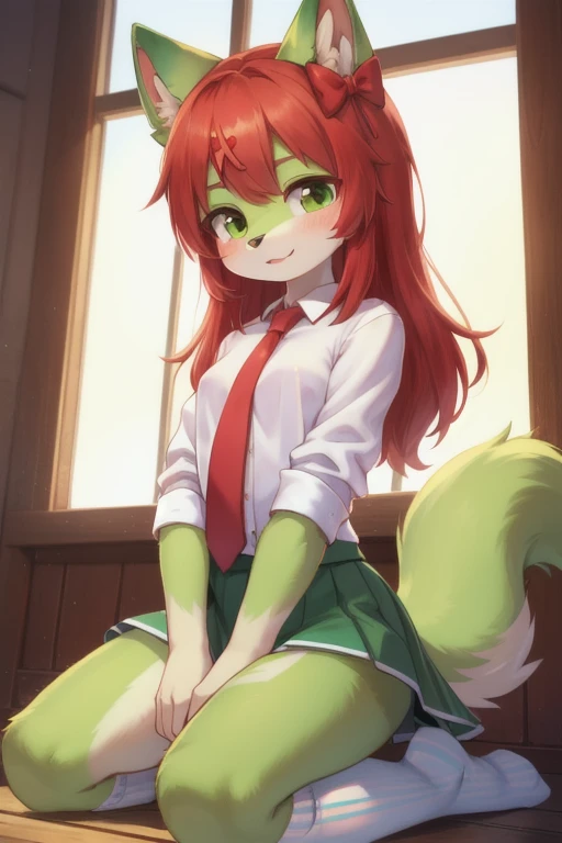 Masterpiece, White shirt, green skirt ,Red tie, red hair ribbon, White socks, 8k, Lin, green fur