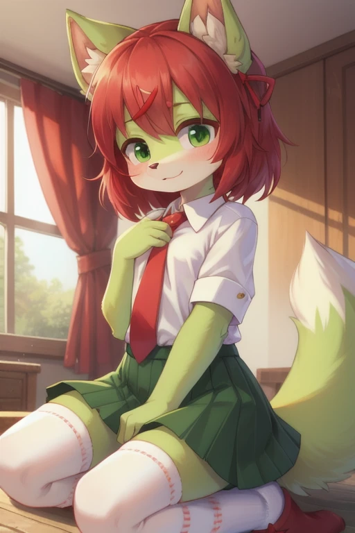 Masterpiece, White shirt, green skirt ,Red tie, red hair ribbon, White socks, 8k, Lin, green fur