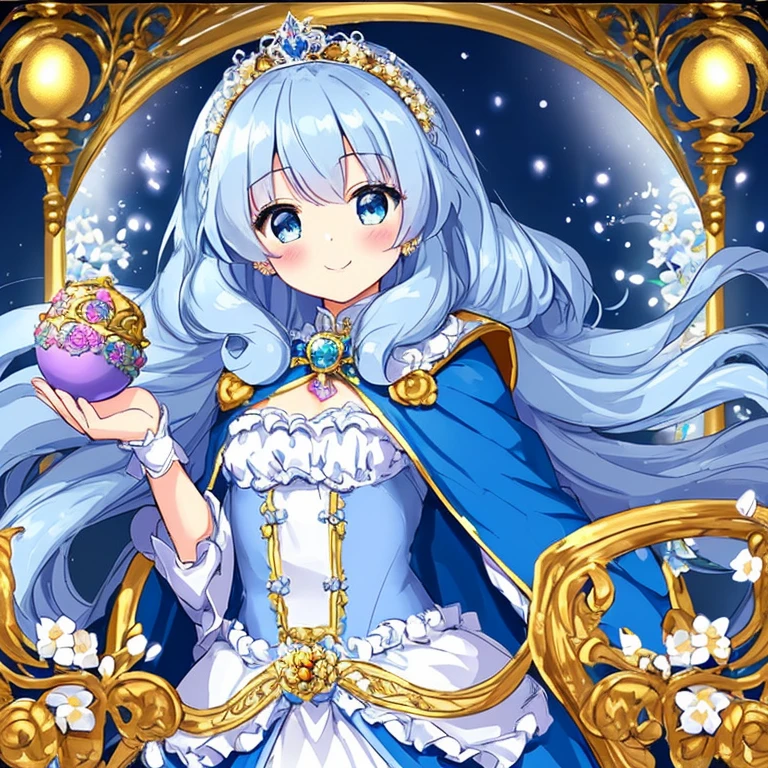 looking at viewer,(kawaii),(best quality),(ultra detailed), upper body,(rococo style),(long train blue cape:1.15), very long cape,(long train white ball gown with flower decorations:1.1), a girl is wearing a cape over her gown, 1 little princess, tiara, smile, very long hair, small breasts