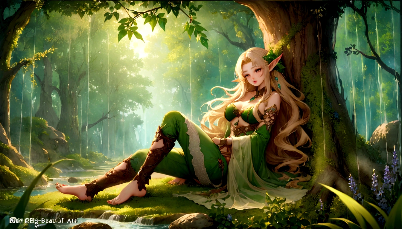 森の木の上に座って目を閉じて寝ているアラフェドElf, 美しい木のElf, Elf princess, Elfの少女, beautiful Elf princess, Beautiful fantasy art, Elfの王女, very Beautiful fantasy art, Fantasy Art, HD fantasy art, epic Fantasy art style hd, 美しく優雅な女性Elf, Elf, Celtic fantasy art, Fantasy art style, Big Tits