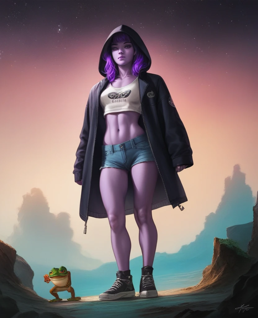 rtrait of purple pepe the frog with purple skin,, wearing a hooded sweatshirt, standing in a starry night sky background, (((pepe_frog))),,detailed portrait, (best quality,8k,highres,masterpiece:1.2),ultra-detailed,digital painting,vibrant colors,dramatic lighting,fantasy,surreal, pepe the frog with purple skin