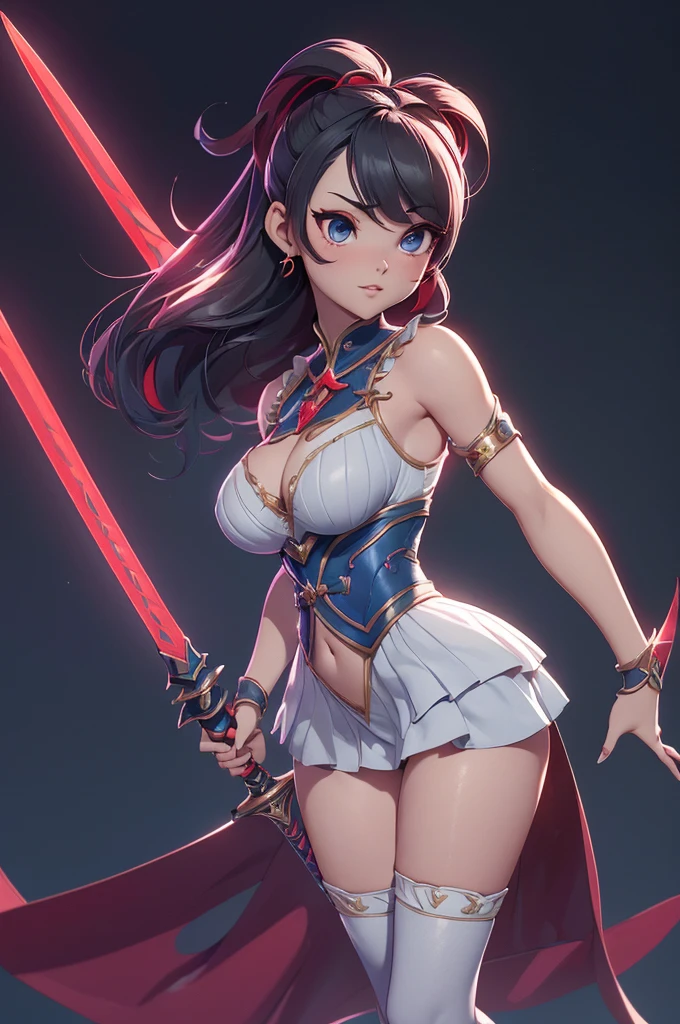 mini kitana, (kitana), only, ray tracing, 3D style, 3dmm, ((oses per photo)), ((oses phi cada foto)), fully body,(from front view),(Costas Issue), (Emist on the left), show flat belly, (((oses per photo))),(very big breasts perfect ass, Perfect and symmetrical eyes, (perfect handuturistic sword in hand)), ((shorth hair)),white clothes with textured edges, Fair Skin, luphias detalhadas, White thigh-high tights with trim, phiestido aberto phi "phi", Waist slender, large legs, low water, Show legs to the top of the waist, ,((top with tear in the middle)),ultra realistic skin, Realistic human eyes,ultra realistic skin,super sexy suit,(faixas phi torno dos seios), fullcolor,top with ruffles,(pubes with a lot of volume),(extraordinarily sensual),(very sensual),(red and black thphie),I love the league,(meia calca de renda phi um dos lados),(meia calca de renda phi um dos lados),((red decorations with LEDs))),((red lines adorning the curves of the body)),(((woman show))),((Star Blade)),((kitana))