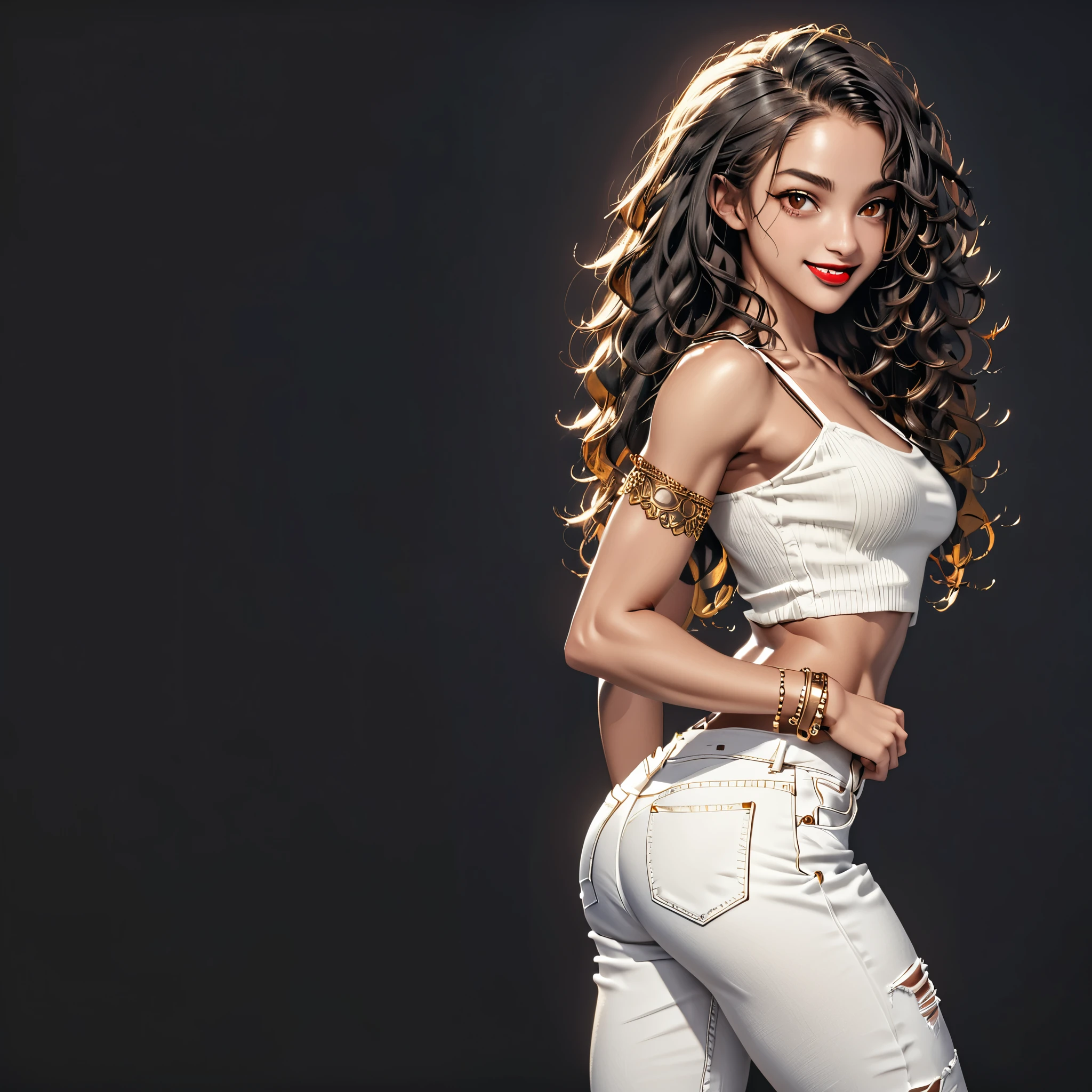 (young, woman, dark skin, brown eyes:1.3), long black curly hair, (muscular body, small breasts:1.1), (red lipstick, black eye makeup:0.8), (short white top, waist high jeans shorts:0.9), golden bracelet, toothy smilie, (looking back over shoulder:1.8), (full body view:1.9), (black background:1.4), detailed skin texture, 24k resolution, highly detailed, (natural front light:0.6)