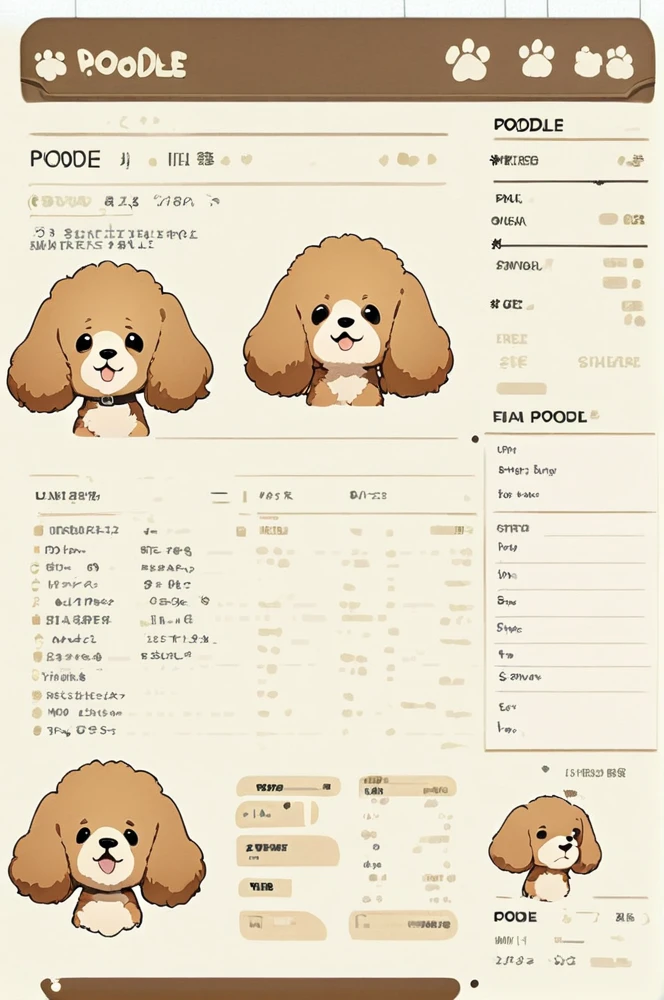 Character sheet, white background, cute dog poodle, cartoon style, high quality, high resolution