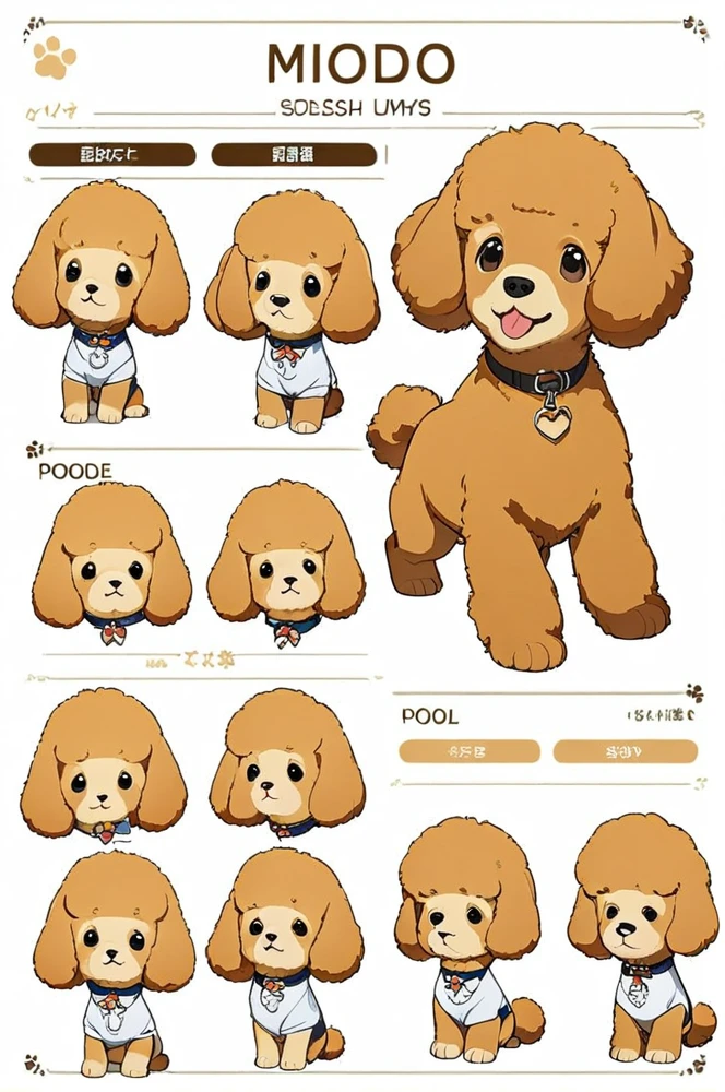 Character sheet, white background, cute dog poodle, cartoon style, high quality, high resolution