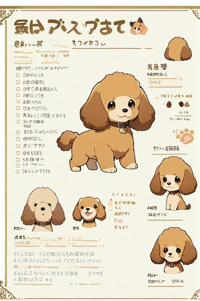 Character sheet, white background, cute dog poodle, cartoon style, high quality, high resolution