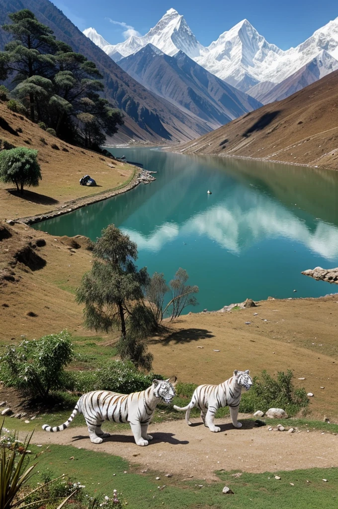 In the Himalayan region of Nepal, two white tigers are playing. There are huge gardens around the lake. Both the tigers are very happy and two birds are also roaming around there.
