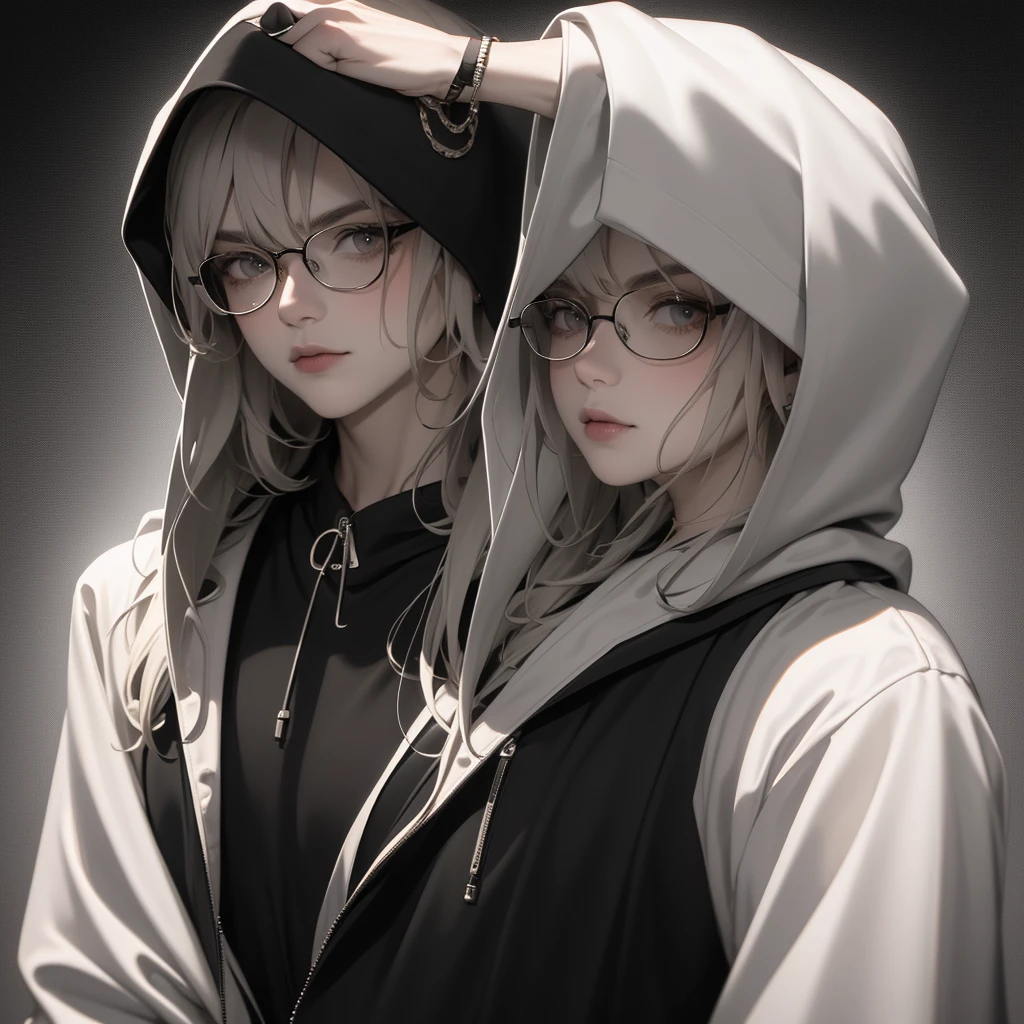 Create an image of a guy with long, messy hair and glasses, wearing a half sleeve hoodie outfit. His arms should be adorned with tattoos. The background should be dark and black, high res, ultrasharp, 8k, masterpiece, looking at viewer