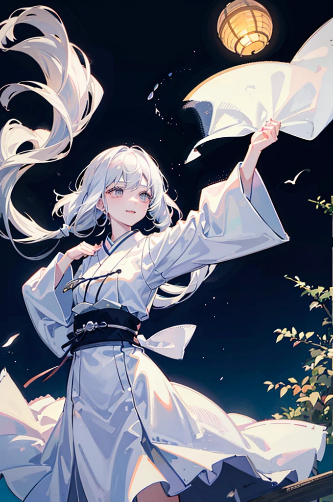 1girl, ghost girl, silver hair, white eyes, white skin, smile, long hair, flies, levitates in the air, white sheet, white cape, ghost, ghostly, translucent, holds a lantern, japanese lantern,  night, the moon, objects are flying