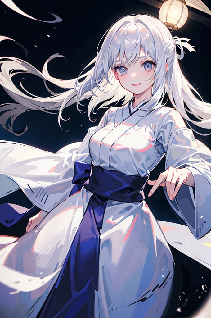 1girl, ghost girl, silver hair, white eyes, white skin, smile, long hair, flies, levitates in the air, white sheet, white cape, ghost, ghostly, translucent, holds a lantern, japanese lantern,  night, the moon, objects are flying