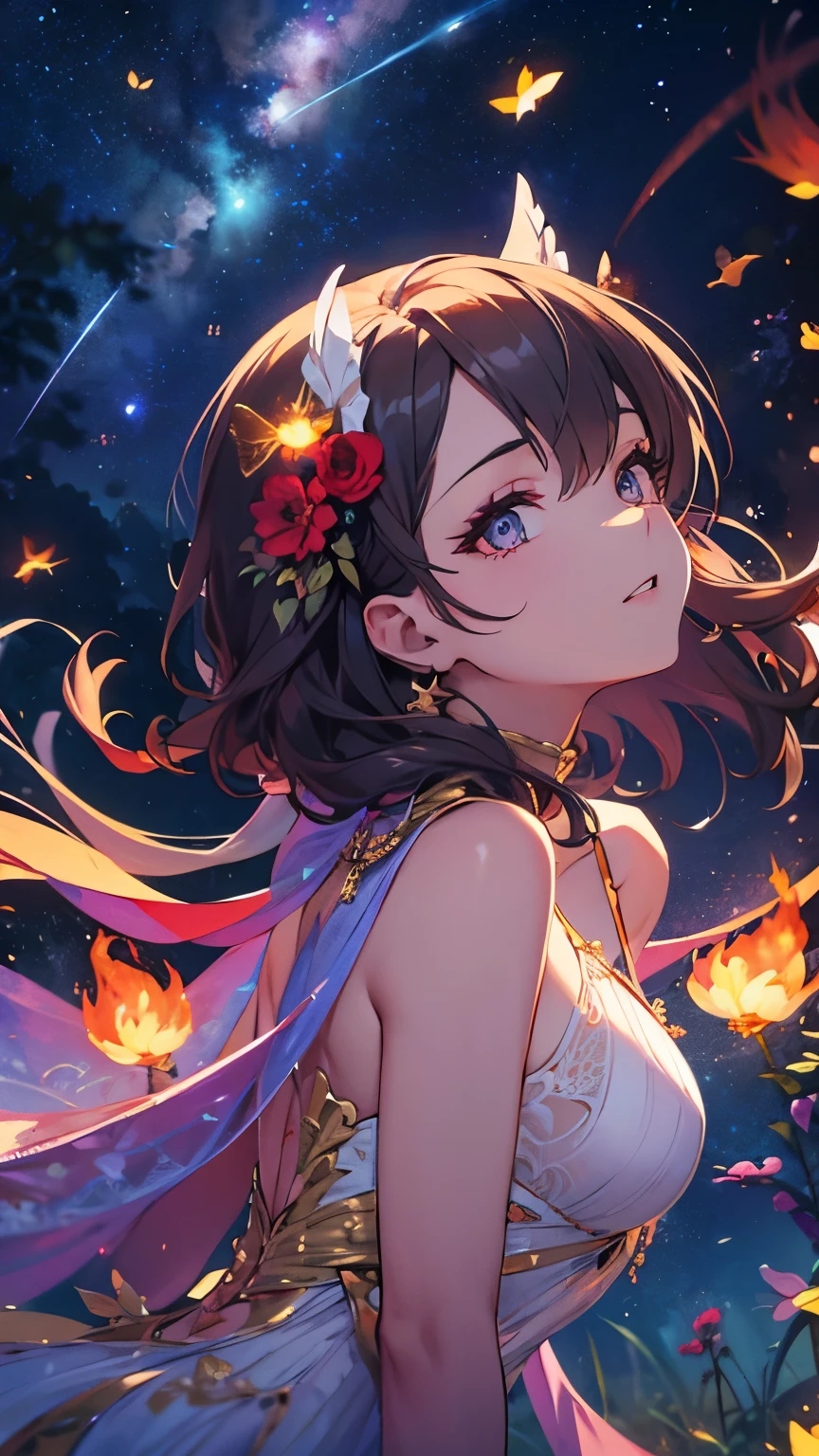 Highest quality, Super quality, 16K, Incredibly absurd, Very detailed, 2.5D, delicate and dynamic, Small faint lights and flying fireflies, night, Starry Sky, milky way, nebula, shooting star, Flowers, birds, wind and moon, Extremely delicate facial expression, Delicate eye depiction, Upper body close-up, erotic, sole sexy lady, healthy shaped body, 22 years old lady, White Devil Guide, 170cm tall, huge firm bouncing busts, Colorful magic wand, A long dress with a complex structure, A colorful long dress, frilly see-through long dress