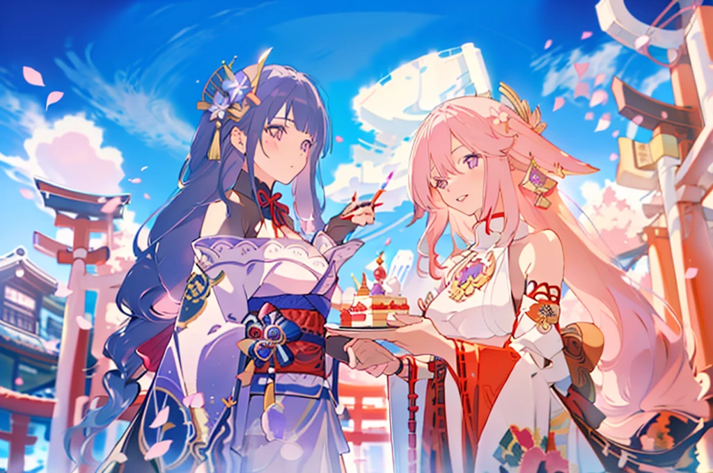 masterpiece, best quality,raiden shogun, multiple girls, 2girls, yae miko, pink hair, urple hair, japanese clothes, long hair, animal ears, hair ornament, fox ears, detached sleeves, kimono, ((birthday cake)), japanese temple, red torii gates, japan, sakura petals