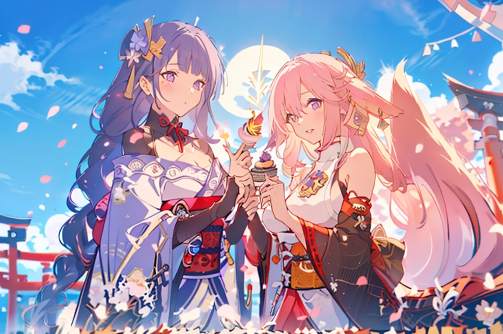 masterpiece, best quality,raiden shogun, multiple girls, 2girls, yae miko, pink hair, urple hair, japanese clothes, long hair,  animal ears,  hair ornament, fox ears, detached sleeves, kimono, ((birthday cake)), japanese temple, red torii gates, japan, sakura petals