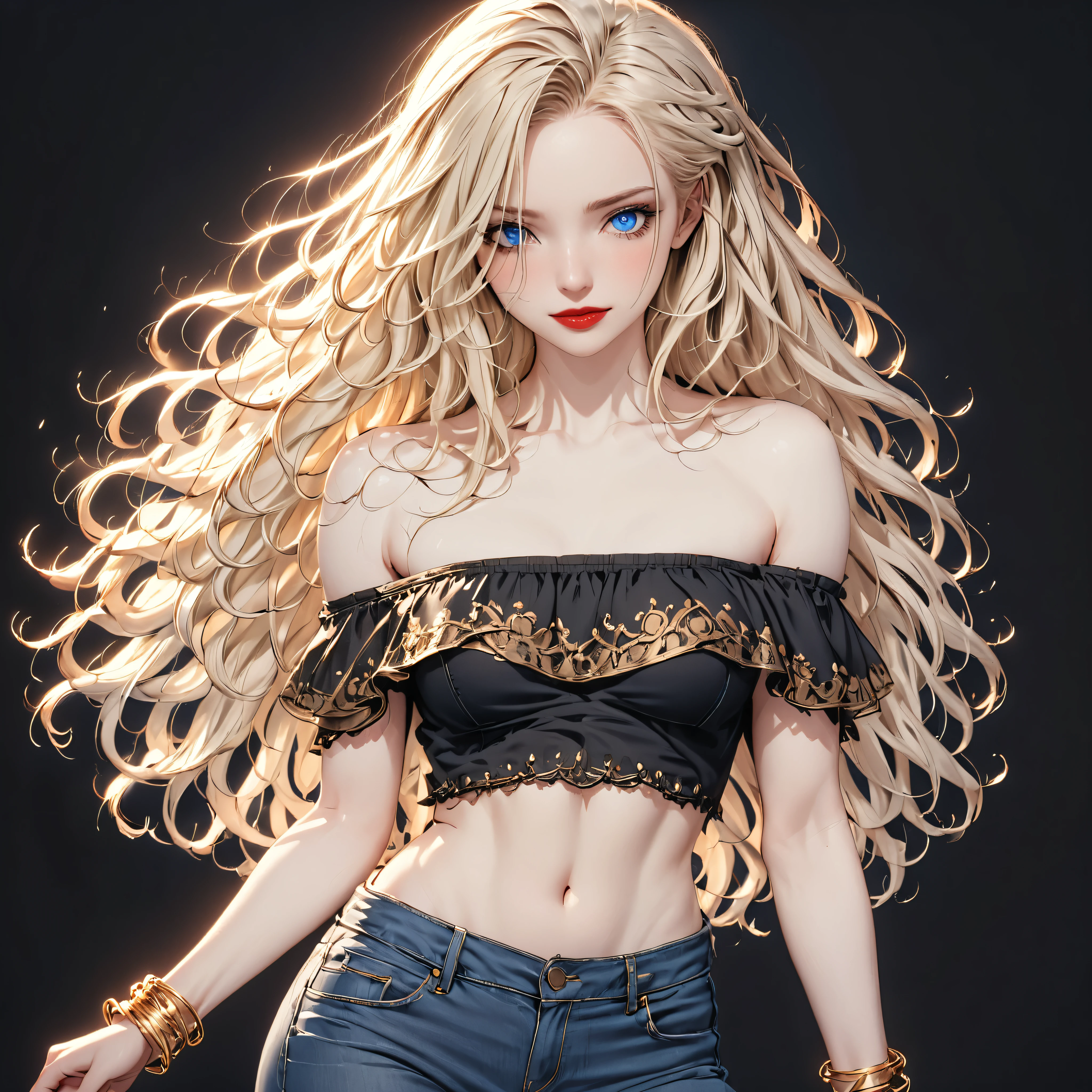 (young, woman, pale skin, blue eyes:1.3), long blonde curly hair, (muscular body, small breasts:1.1), (red lipstick, black eye makeup:0.8), (sheer off-Shoulder, white sheer belly top, tight waist high jeans:0.9), golden bracelet, (ashamed, smilie, sexy standing:1.2), full body view:1.8), (black background:1.4), detailed skin texture, 24k resolution, highly detailed, (natural front light:0.6)