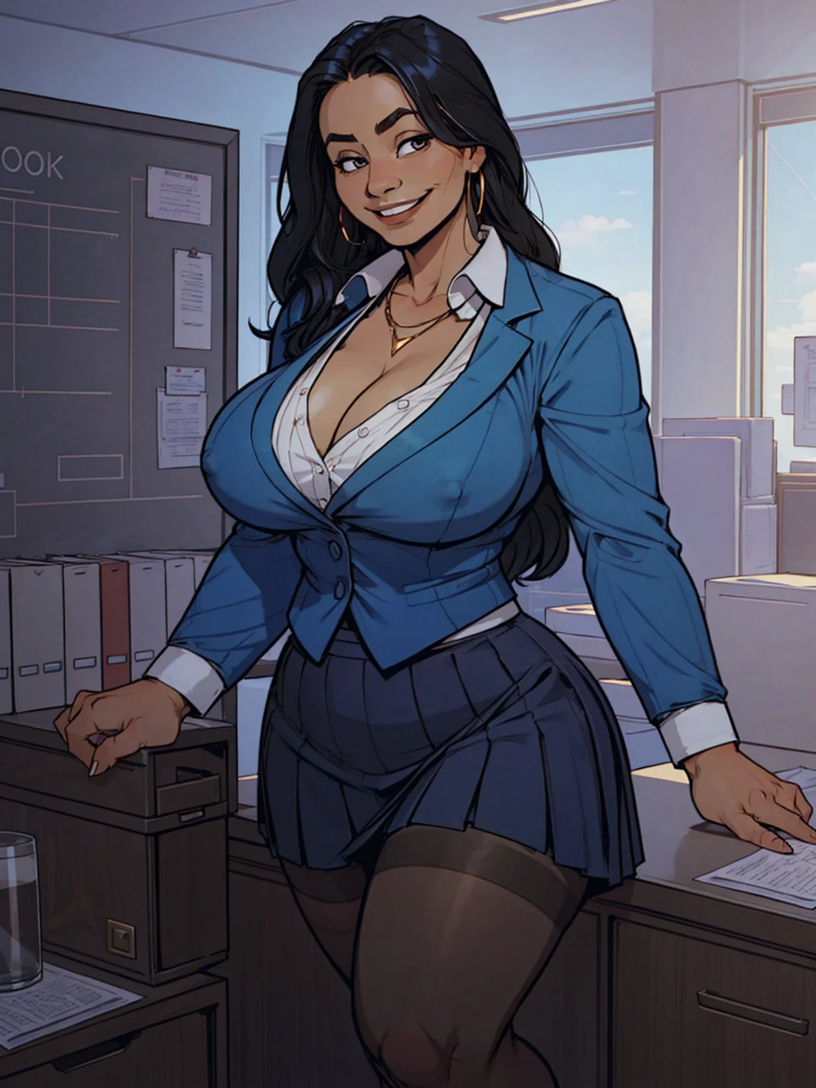 1girl, woman, best quality, beautiful, long hair, masterpiece, black hair, smiling, hourglass figure, wide hips, large breasts, blue suit, white blouse, cleavage, pleated blue skirt, business attire, travel agency, office, standing upright, smiling, thick thighs, looking at viewer,