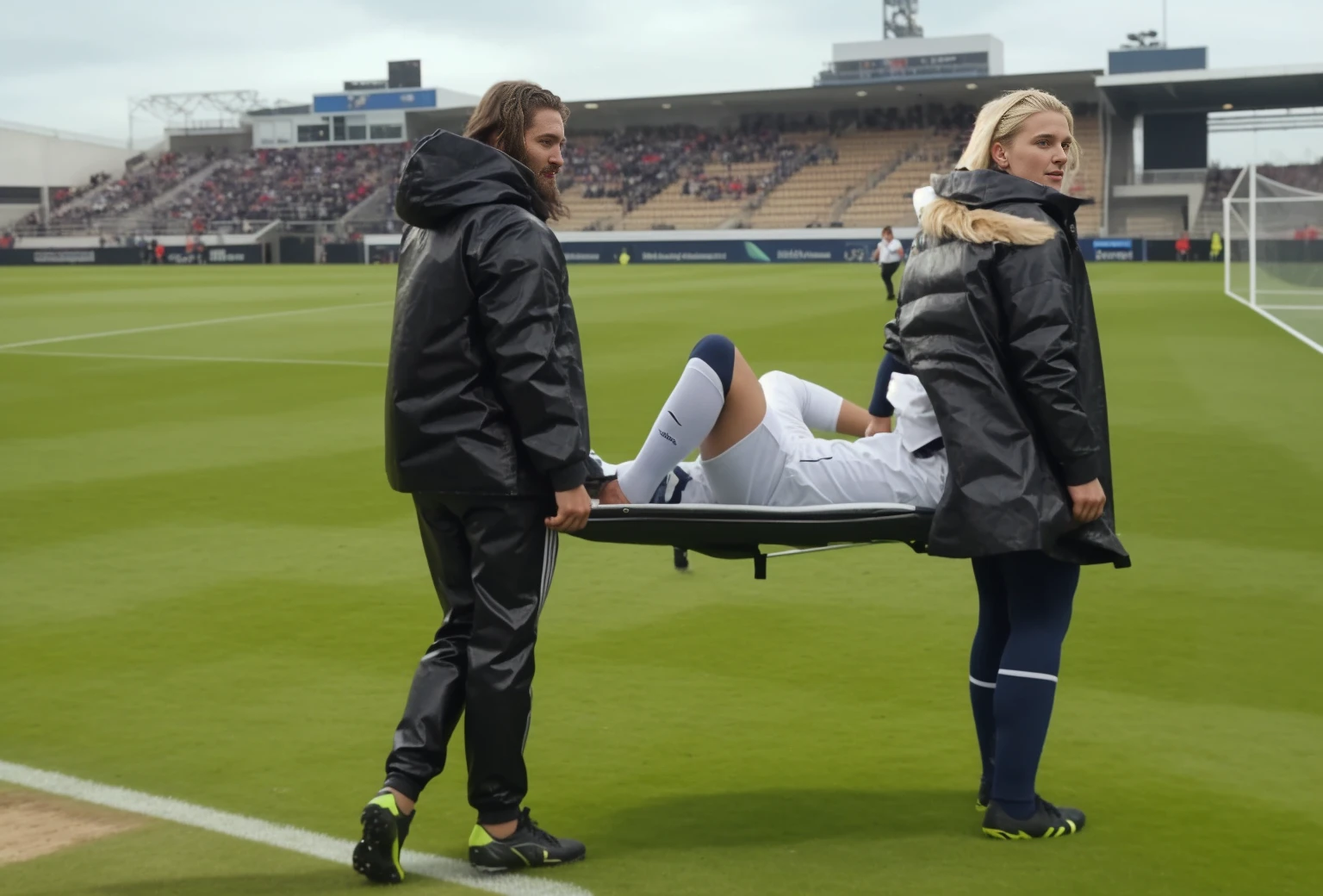 There are two madeup women I shiny and wetlook outfits carrying a stretcher on a sports ground, there is a slightly bearded and attractive young male sportsman lying injured on a stretcher with a very painful expression, there is a sportsman lying on his back on a stretcher and covers his painful looking face with his hands, there are women in wetlook laquered outerwear carrying a man on a stretcher in a sports stadium, there is a man on a stretcher being carried by two very madeup women, there is a bearded soccer-player lying on a stretcher, there is a soccer-player on a stretcher with his hands over his face, a soccer-player is lying on a stretcher and has put his hands over his face, soccer, football