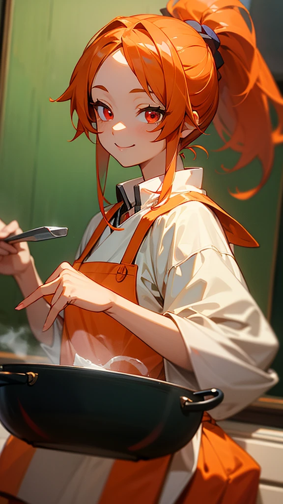 High quality anime paintings、Cute shrimp woman is cooking delicious food in the kitchen、Glowing orange hair、ponytail、Round red eyes、From the side、Tunic、apron、Wicked Smile、Upper body close-up
