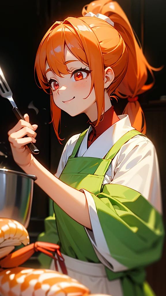 High quality anime paintings、Cute shrimp woman is cooking delicious food in the kitchen、Glowing orange hair、ponytail、Round red eyes、From the side、Tunic、apron、Wicked Smile、Upper body close-up