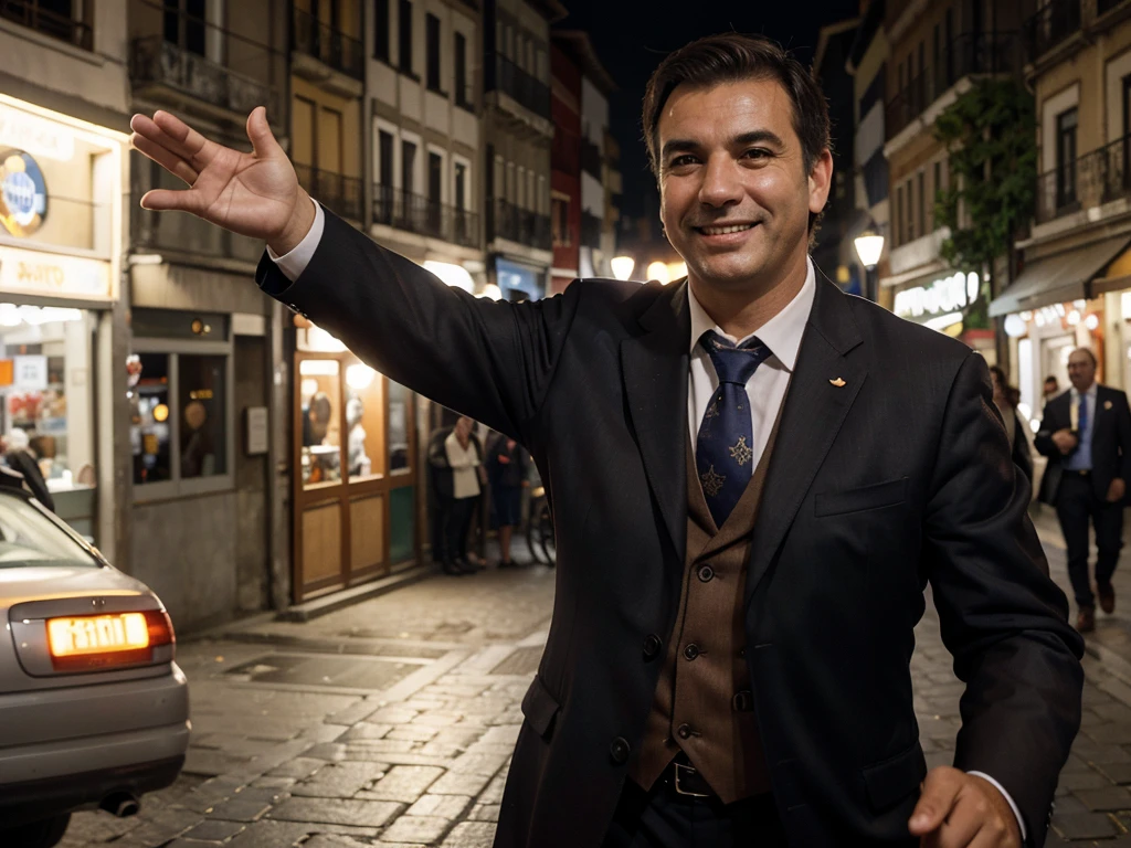 Rui Moreira, mayor of porto, a middle-aged man with short brown hair wearing a suit, smiling and waving to a crowd, city street background, detailed facial features, photorealistic, high resolution, cinematic lighting, shallow depth of field