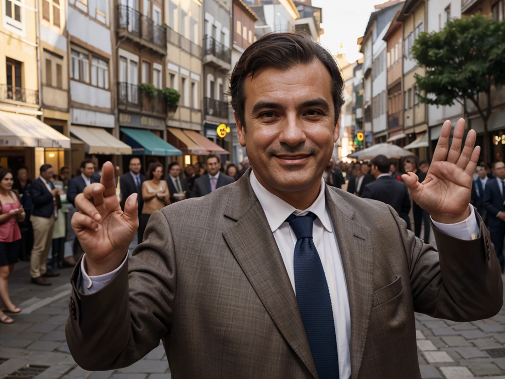 Rui Moreira, mayor of porto, a middle-aged man with short brown hair wearing a suit, smiling and waving to a crowd, city street background, detailed facial features, photorealistic, high resolution, cinematic lighting, shallow depth of field