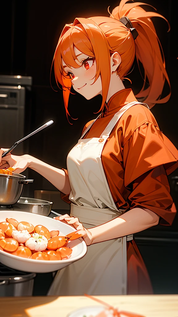 High quality anime paintings、Cute shrimp woman is cooking delicious food in the kitchen、Glowing orange hair、ponytail、Round red eyes、From the side、Tunic、apron、Wicked Smile、Upper body close-up