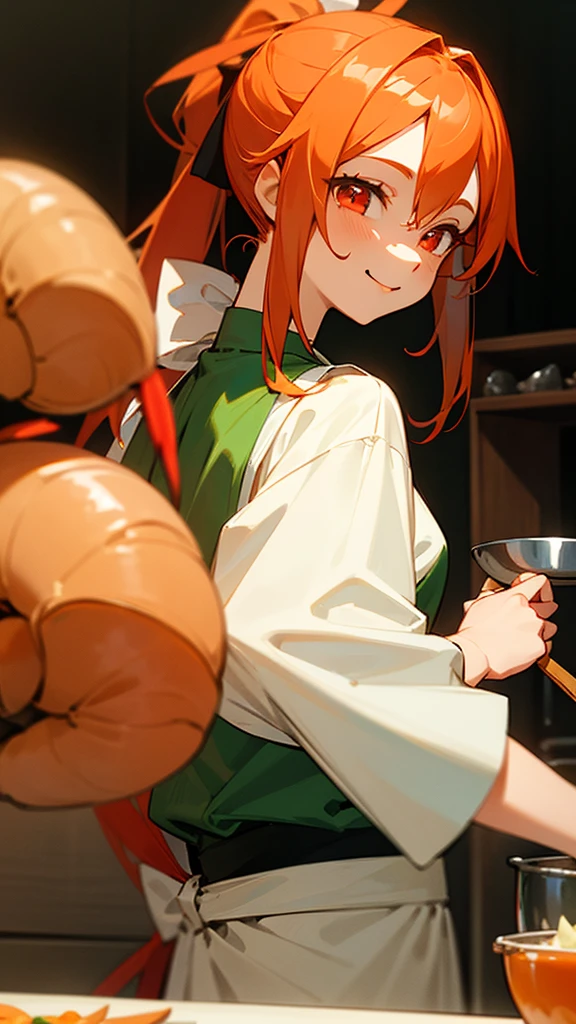 High quality anime paintings、Cute shrimp woman is cooking delicious food in the kitchen、Glowing orange hair、ponytail、Round red eyes、From the side、Tunic、apron、Wicked Smile、Upper body close-up