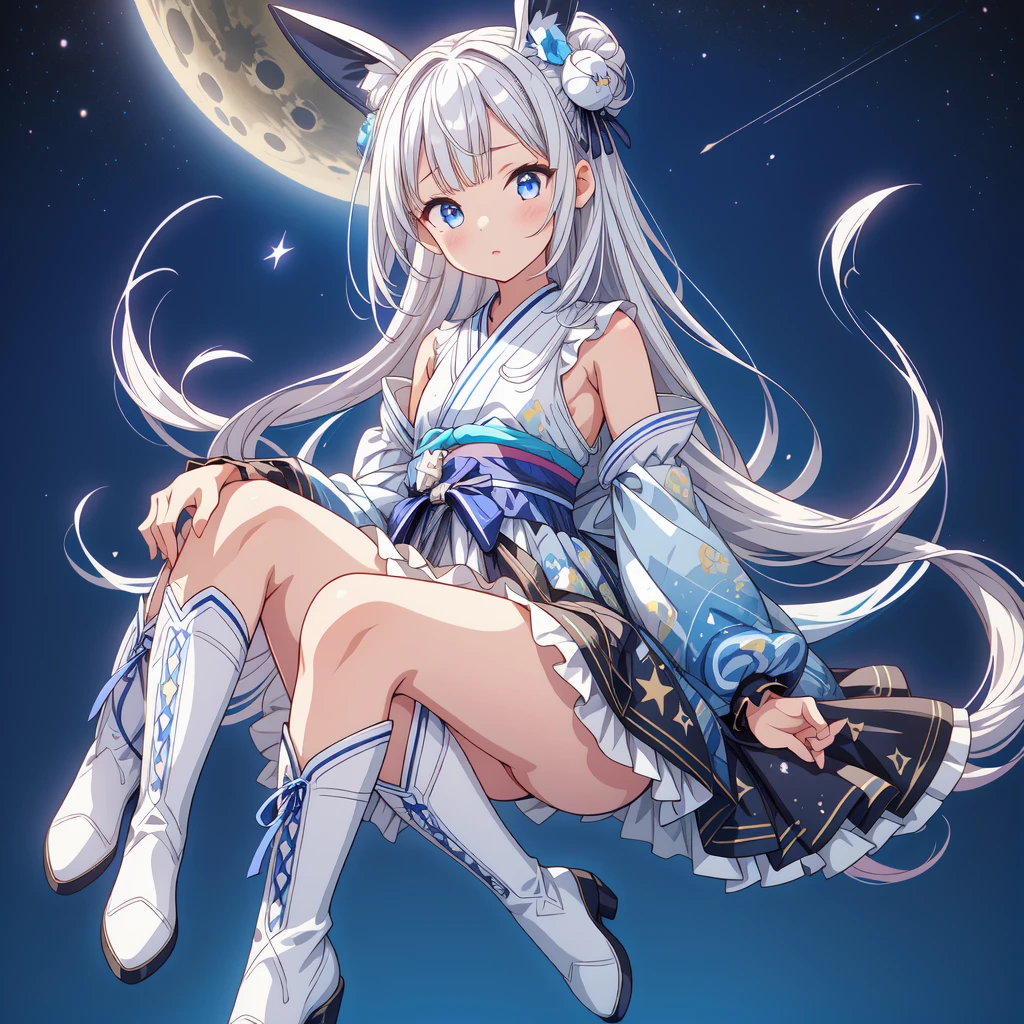 Sitting on the crescent moon、A spaceship with a cute rabbit face、Star Fairy、(((One girl)))、Lower Body Shot、Focus on the boots、vtuber half body、Star Fairy、「Beautifully printed galaxy patterned kimono and gothic ****ta outfits.、Space Pattern Ruffle Box Pleated Mini Skirt、Frontal portrait、Knee-high boots、Captivating eyes、Perfect and amazing face、Exquisite detail、Clear images、Highest quality。」Milky white and blue gradient straight long hair、