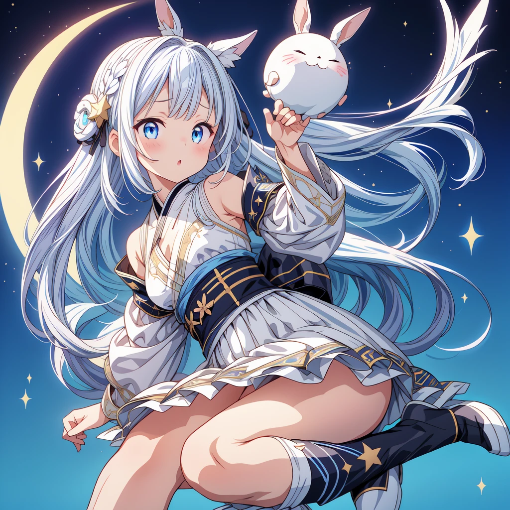 Sitting on the crescent moon、A spaceship with a cute rabbit face、Star Fairy、(((One girl)))、Lower Body Shot、Focus on the boots、vtuber half body、Star Fairy、「Beautifully printed galaxy patterned kimono and gothic lolita outfits.、Space Pattern Ruffle Box Pleated Mini Skirt、Frontal portrait、Knee-high boots、Captivating eyes、Perfect and amazing face、Exquisite detail、Clear images、Highest quality。」Milky white and blue gradient straight long hair、