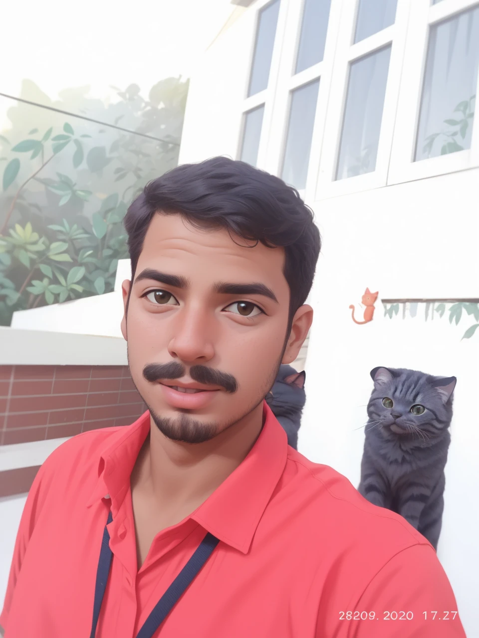 Retrato realista de um menino de sete anos, Ele usa uma camisa vermelha . Your face is and exploratory . Ele sai cautelosamente para o jardim da casa,  A small cat is among the bushes and he touches it cautiously ,Not facing the camera,, Hair is messy , 