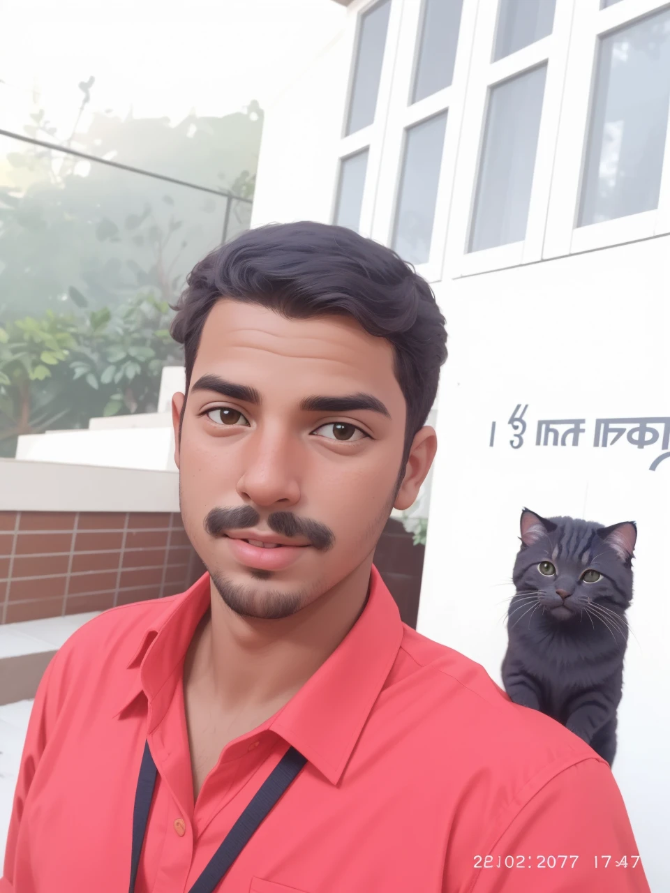 Retrato realista de um de sete anos, Ele usa uma camisa vermelha . Your face is and exploratory . Ele sai cautelosamente para o jardim da casa, A small cat is among the bushes and he touches it cautiously ,Not facing the camera,, Hair is messy ,