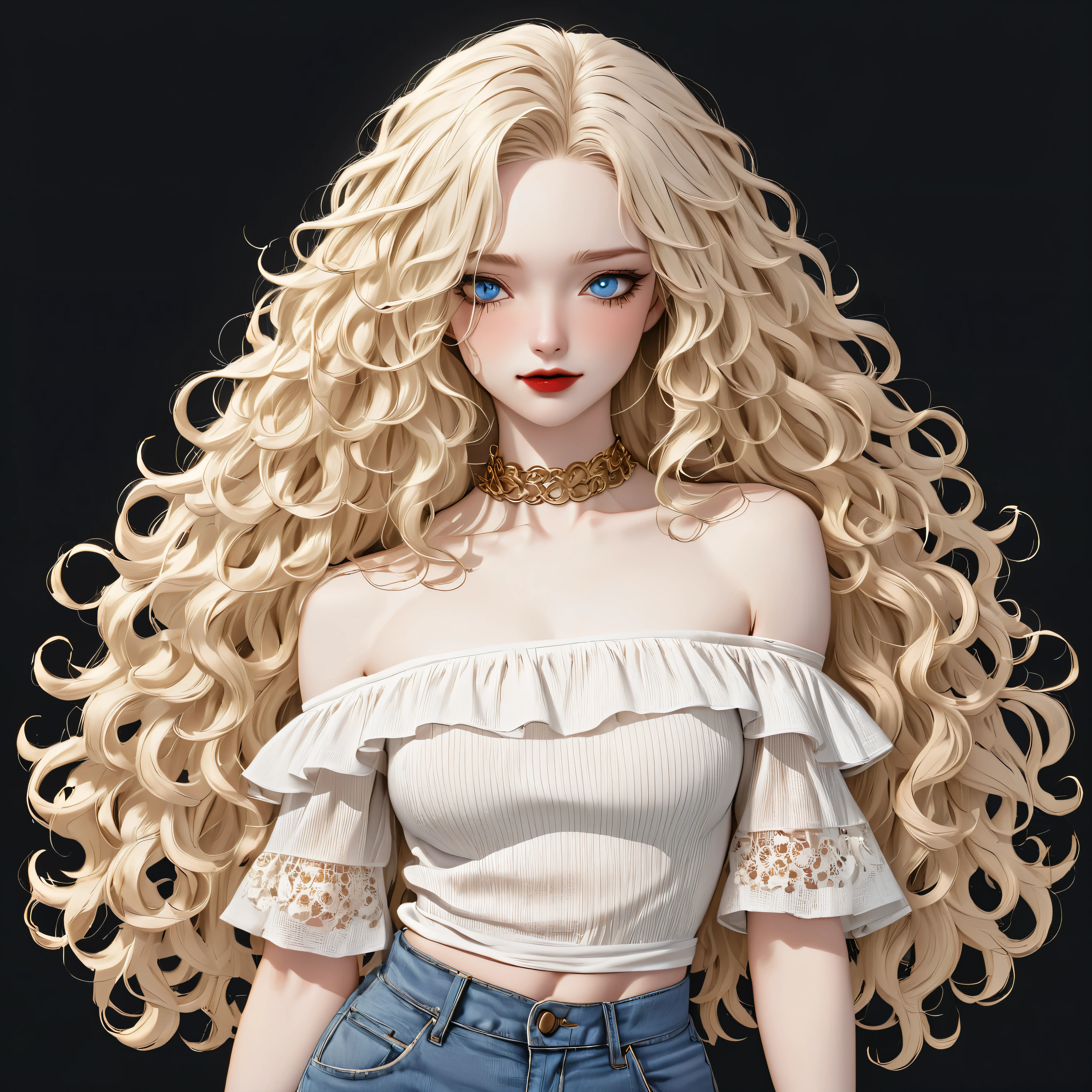 (young, woman, pale skin, blue eyes:1.3), long blonde curly hair, (muscular body, small breasts:1.1), (red lipstick, black eye makeup:0.8), (sheer off-Shoulder, white sheer belly top, tight waist high jeans:0.9), golden bracelet, (ashamed, smilie, sexy standing:1.2), (full body view:1.8), (black background:1.4), detailed skin texture, 24k resolution, highly detailed, (natural front light:0.6)