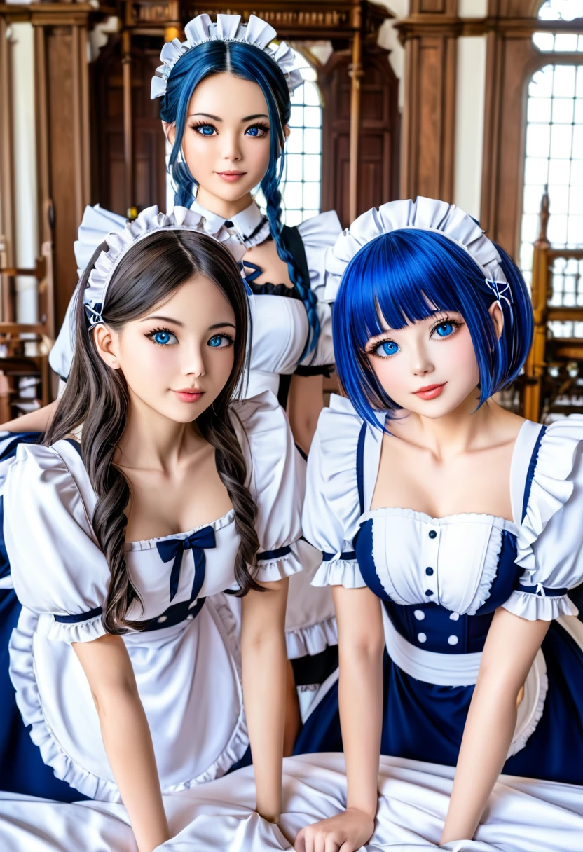 Ultra-high image quality, [3D images:1.5],Attractive eyes(masterpiece:1.6、top quality)、(2 girls in:1.5)、(Beautiful eye details:1.2)、nffsw_rem、rope、blue hair、Blue eyes、x hair decoration、Roswaal Mansion Maid Uniform、Maids,  standing on all fours showing their asses, thong