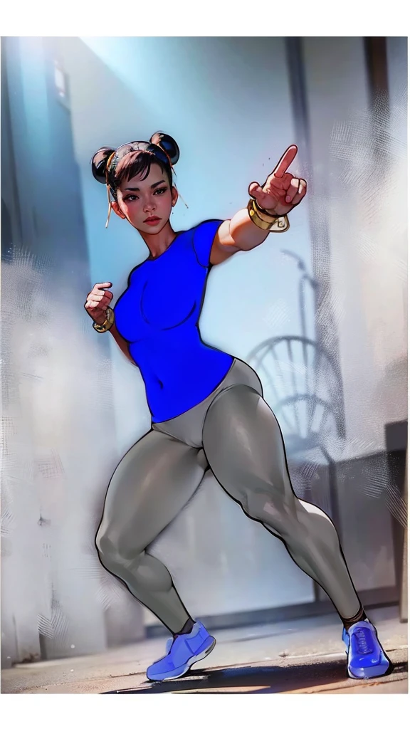 SF6 Chun-Li Nitrile Butadiene Royal Blue shirt thin grey Leggings Thighs Buttocks Streetfighter Buruma Gravure shirt Japanese gym shoes naked pantyline drawl