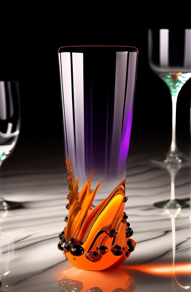 surreal glass shape, liquid glass, chromatic aberration, broken prism, refraction, light caustics, detailed illustration , oranges on a white marble table, deep purple velvet drapes, 8k, photography style,2 glasses with orange bioluminescent fluid in them, on a white marble table, bioluminescent, colorfull, glow,