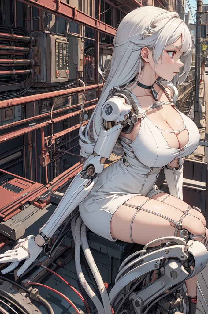 ((((masterpiece))), ((Highest quality))), ((Super detailed)), (CG illustration), ((Very delicate and beautiful)),(From the side),Cinematic Light, ((1. Mechanical Girl)), single, whole body, (Machine-made joints: 1.2), ( (Mechanical Limbs)), (Blood vessels connected to tubes), (Mechanical spine connected to the back), ((Mechanical cervical spine attached to the neck)), (Sitting), Force yourself to laugh, (Wires and cables around the neck: 1.2), (Overhead wires and cables: 1.2) (Character Focus), sf, Very thin, Colored, The finest white hair, Red eyes, In combat, (Knotted), (large breasts:1.5)