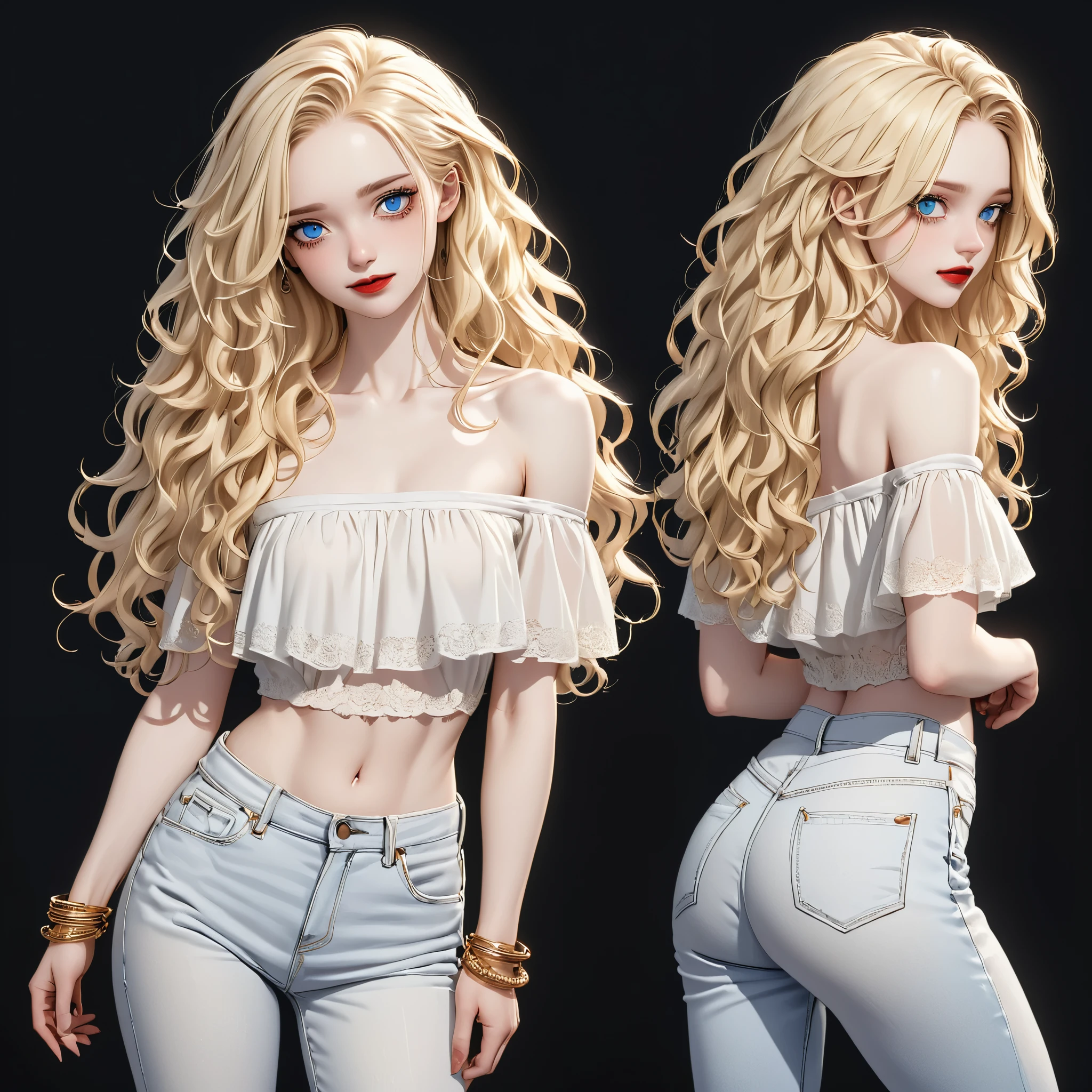 (young, woman, pale skin, blue eyes:1.3), long blonde curly hair, (muscular body, small breasts:1.1), (red lipstick, black eye makeup:0.8), (sheer off-Shoulder, white sheer belly top, tight waist high jeans:0.9), golden bracelet, (ashamed, toothy smilie, looking back over shoulder:1.2), (full body view:1.8), (black background:1.4), detailed skin texture, 24k resolution, highly detailed, (natural front light:0.6)