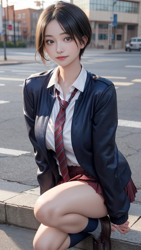 (masterpiece:1.2, Highest quality), (Realistic, photoRealistic:1.4), Beautiful illustrations, (Natural Side Lighting, Cinema Lighting), Browsing Caution, 
View your viewers, Cowboy Shot, Front view:0.6, 1 Girl, Japanese, High school girl gal, Perfect Face, Cute and symmetrical face, Shiny skin, 
(short hair:1.5, Pixie Cut:1.4, Blonde), Pin your bangs back, Red eyes, Long eyelashes, (Large Breasts:0.6, Thick thighs), 
Beautiful Hair, Beautiful Face, Beautiful attention to detail, Beautiful clavicle, Beautiful body, Beautiful breasts, Beautiful thighs, Beautiful feet, Beautiful fingers, 
(((Navy jacket), White collared shirt, Grey pleated mini skirt, Navy Socks, Brown Loafers, Red tie)), 
(Beautiful views), evening, Riverside, Are standing, wave hands, (Half an eye, Cute smile, Upward glance), 