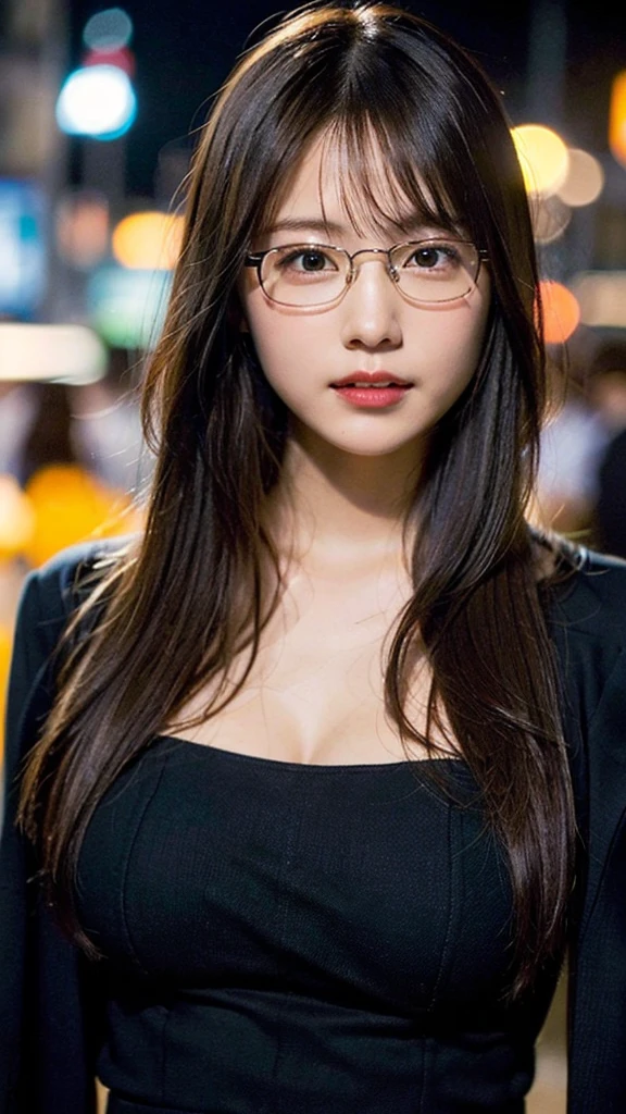 (8K、Raw photo、Highest quality、masterpiece:1.2)、(Realistic、Photorealistic:1.37)、Ultra-detailed、Ultra-high resolution、1 girl、Seeing the viewer、Beautifully detailed face、A smile with slightly visible teeth、narrow、(Slim waist) :1.3)、((Recruitment Suit))、Beautifully detailed skin、Skin Texture、Floating Hair、((Fluffy Hairstyles))、Shapely large breasts、Professional Lighting、Autumn evening、In front of the station、((Black square glasses ))、Human whole body、Black Hair、((Embarrassing appearance))、Pay attention to your audience、